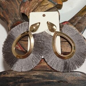 Gold and Gray Teardrop Fringe Earrings